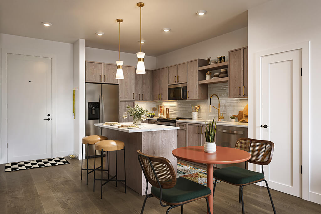 Kitchen in Slate design package at Merrick on Midway Apartments in Farmers Branch TX